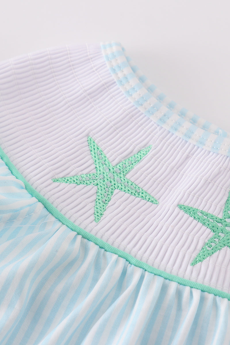 Blue stripe starfish embroidery smocked dress