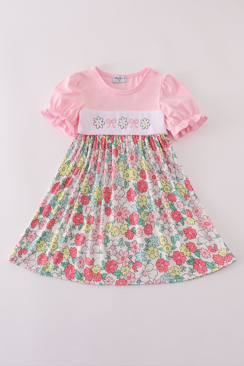 Pink floral embroidery dress
