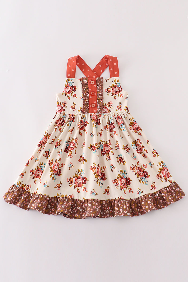 Platinum rust floral print apron ruffle dress