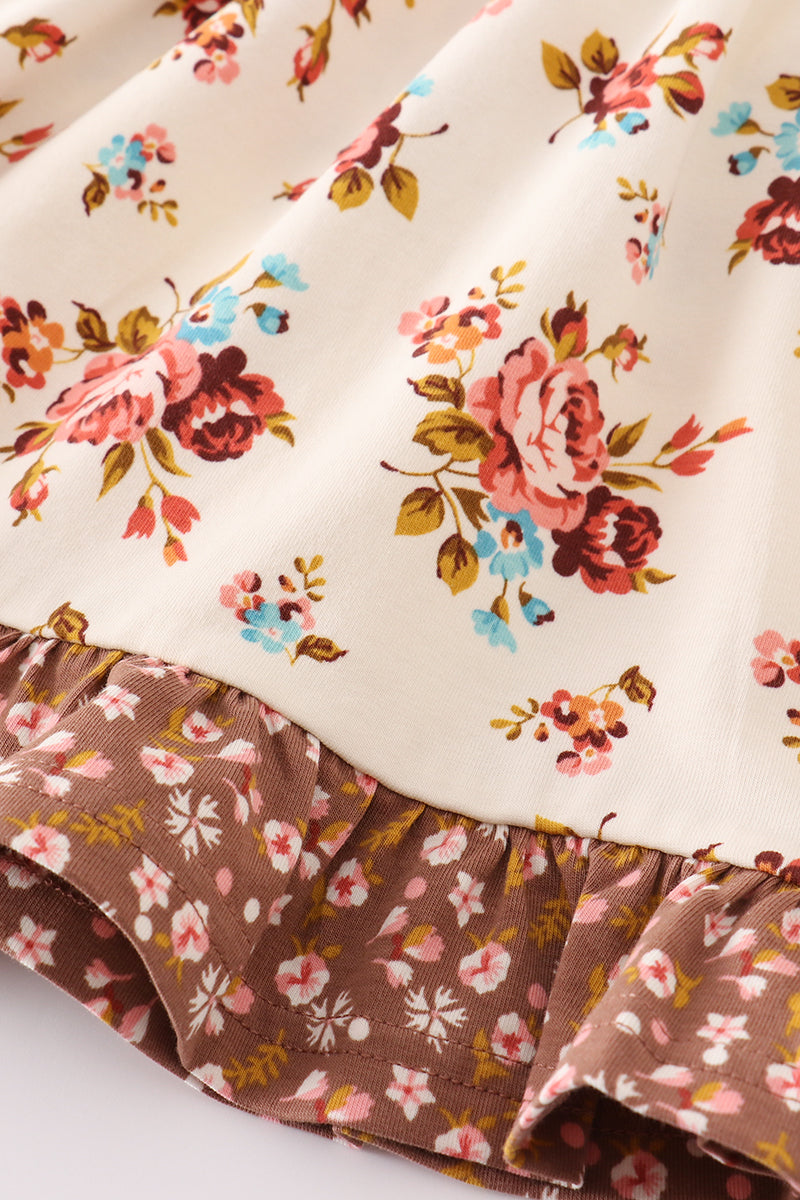 Platinum rust floral print apron ruffle dress