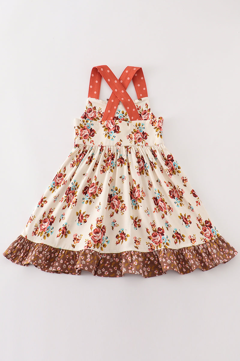 Platinum rust floral print apron ruffle dress