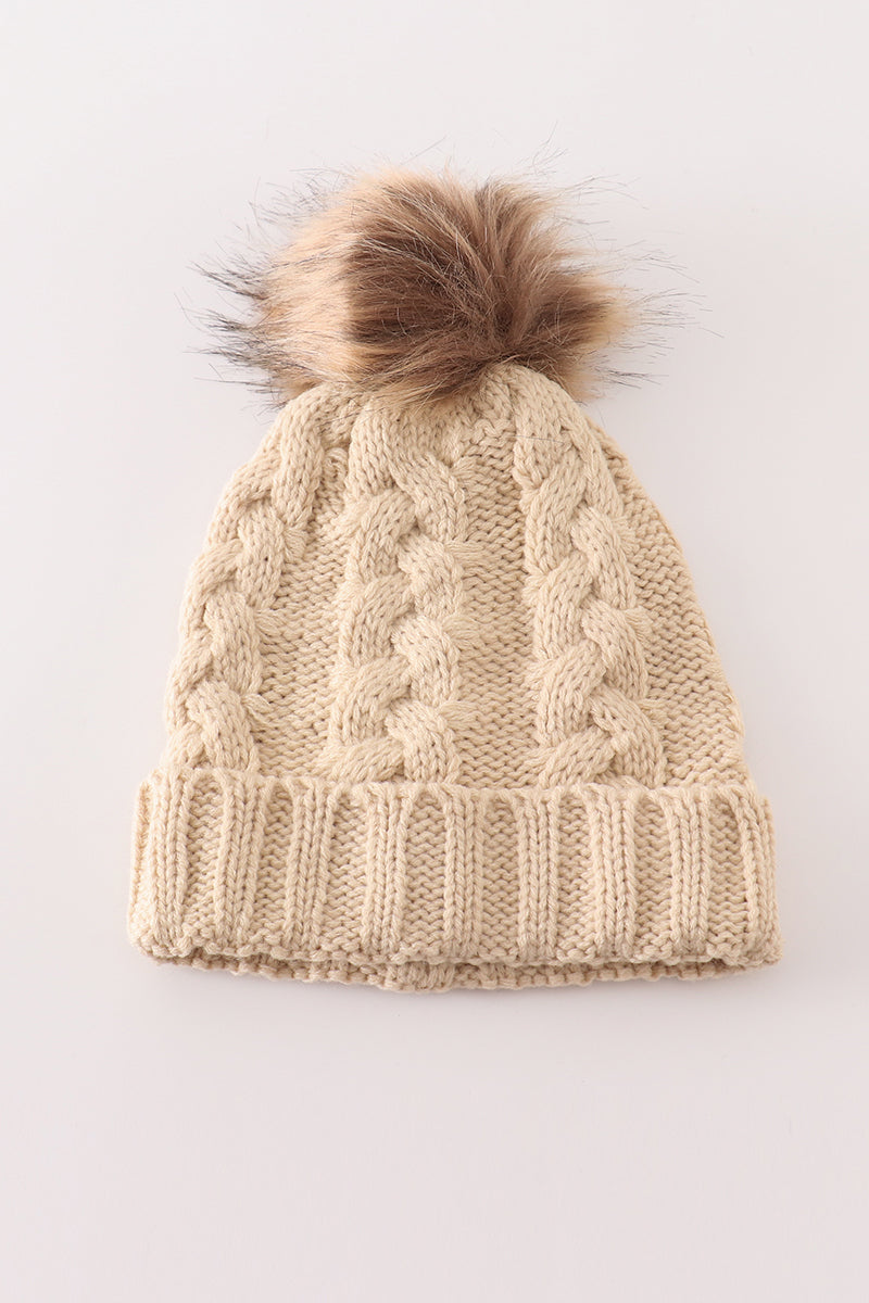 Beige pompom cable beanie