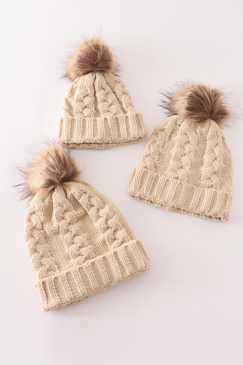 Beige pompom cable beanie