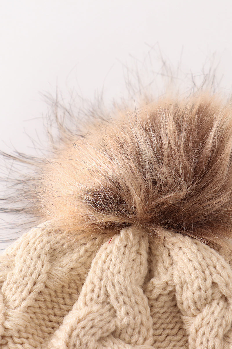 Beige pompom cable beanie