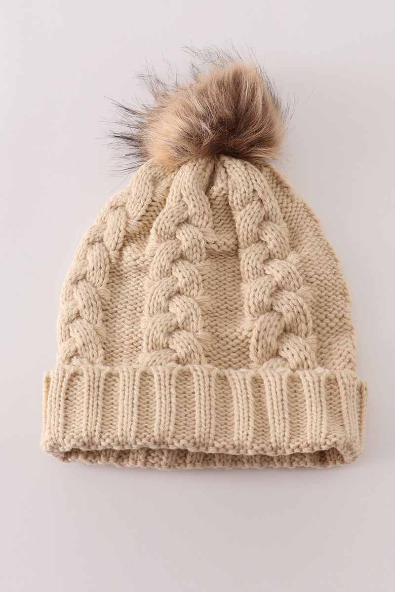 Beige pompom cable beanie