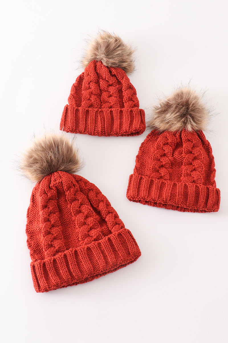 Caramel pompom cable beanie