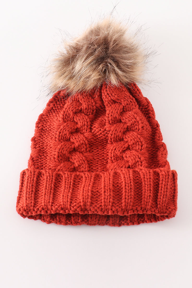 Caramel pompom cable beanie