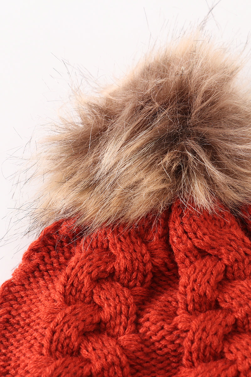 Caramel pompom cable beanie