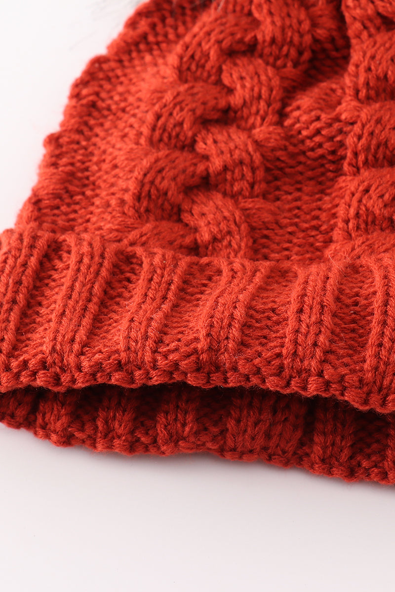 Caramel pompom cable beanie