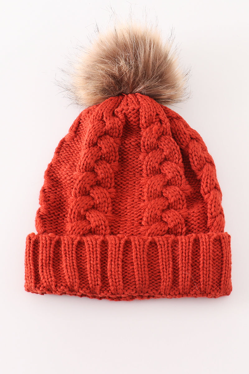 Caramel pompom cable beanie