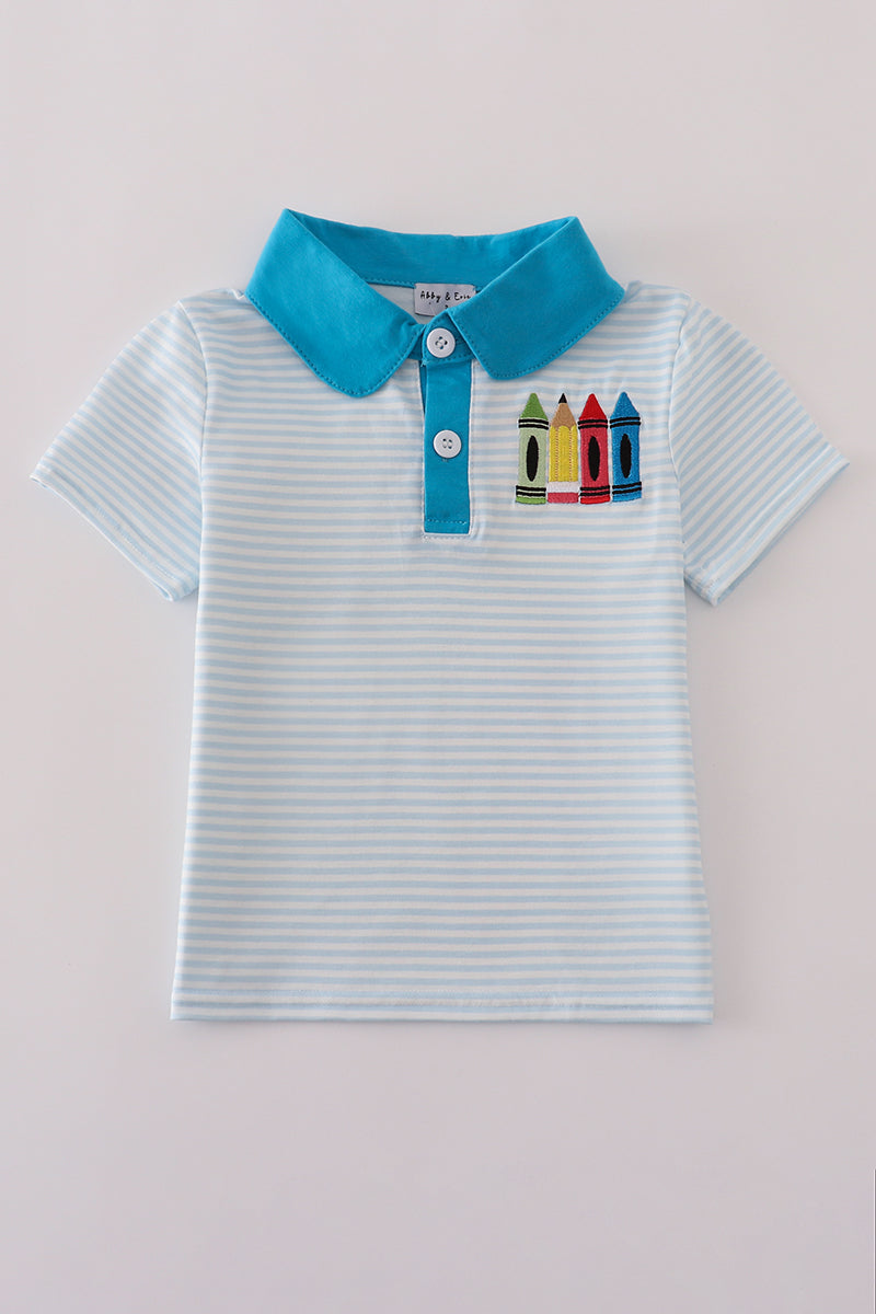 Blue stripe crayon applique button down shirt