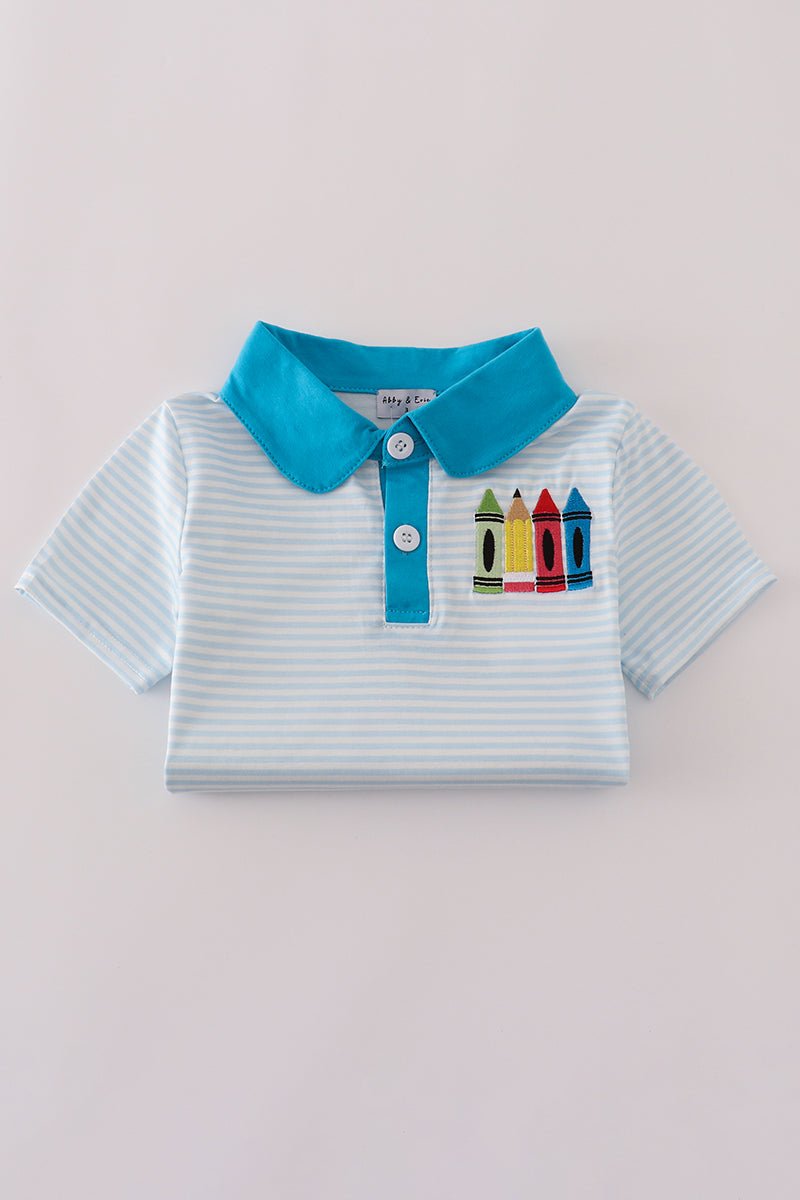 Blue stripe crayon applique button down shirt