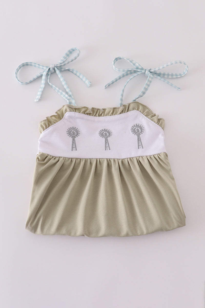 Green farm windmill embroidery ruffle bubble
