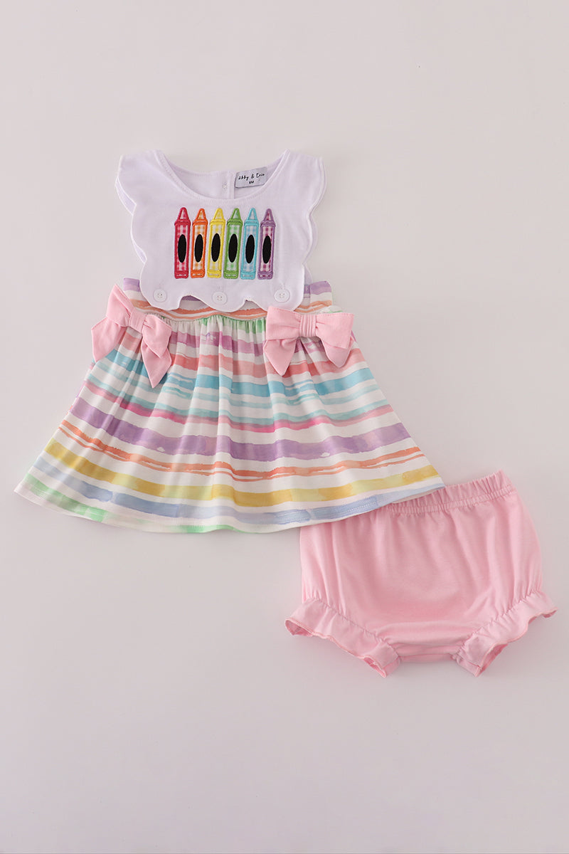 Pink crayon applique bow bloomer set