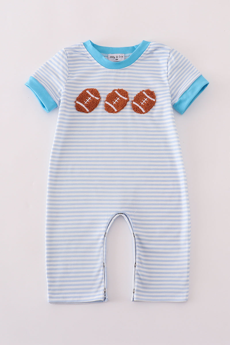 Blue football french knot stripe romper
