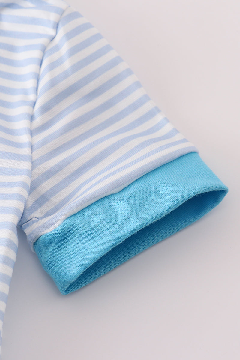 Blue football french knot stripe romper