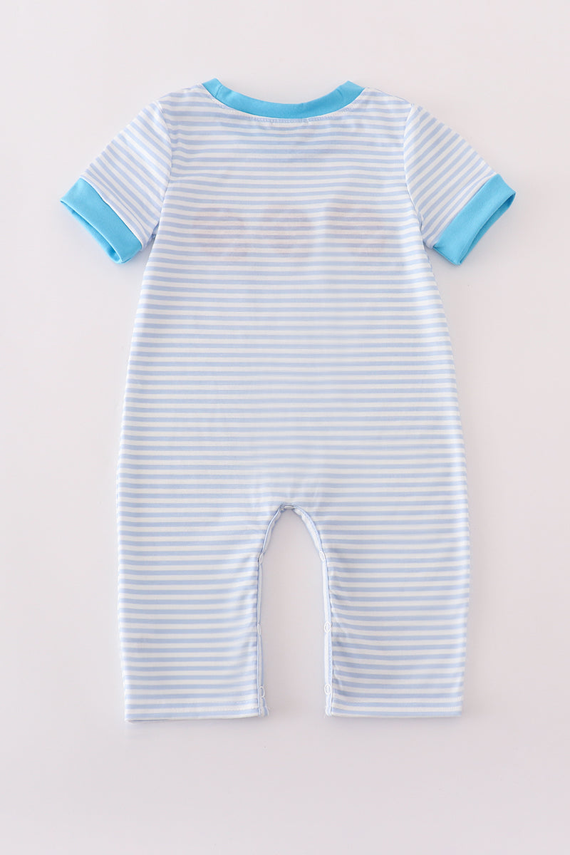Blue football french knot stripe romper