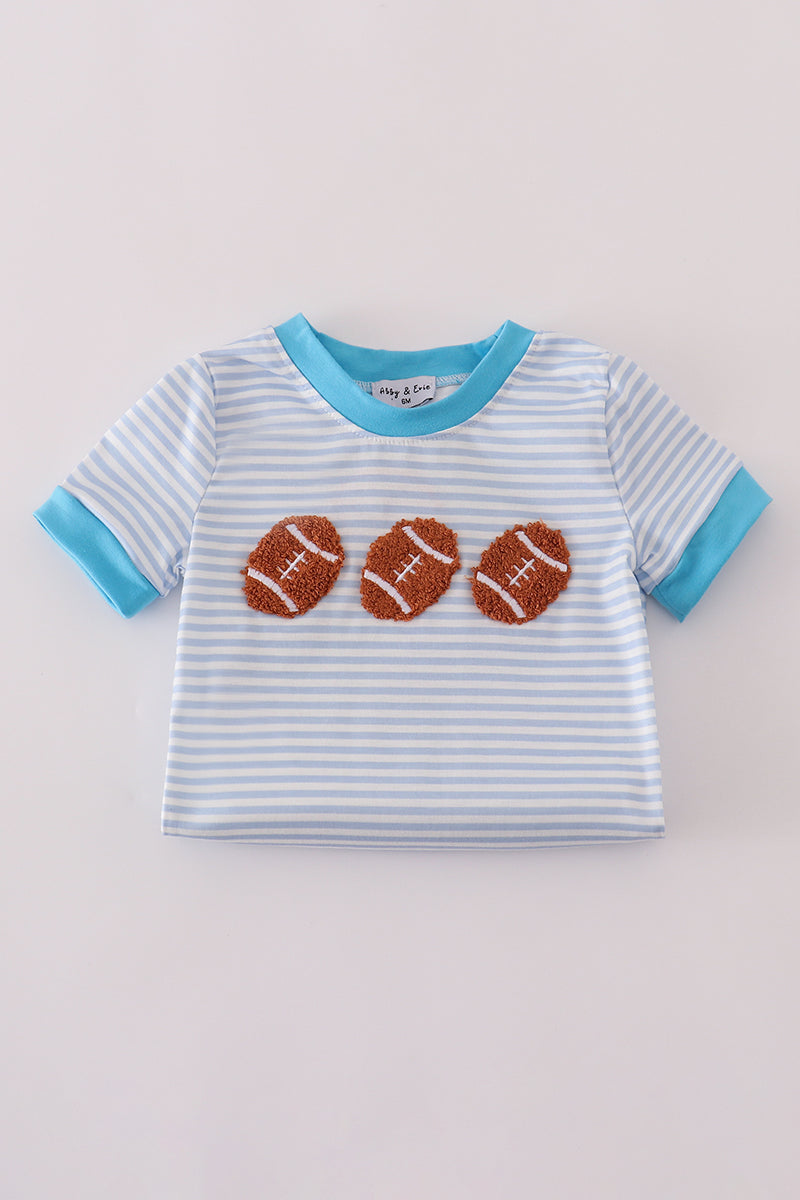 Blue football french knot stripe romper